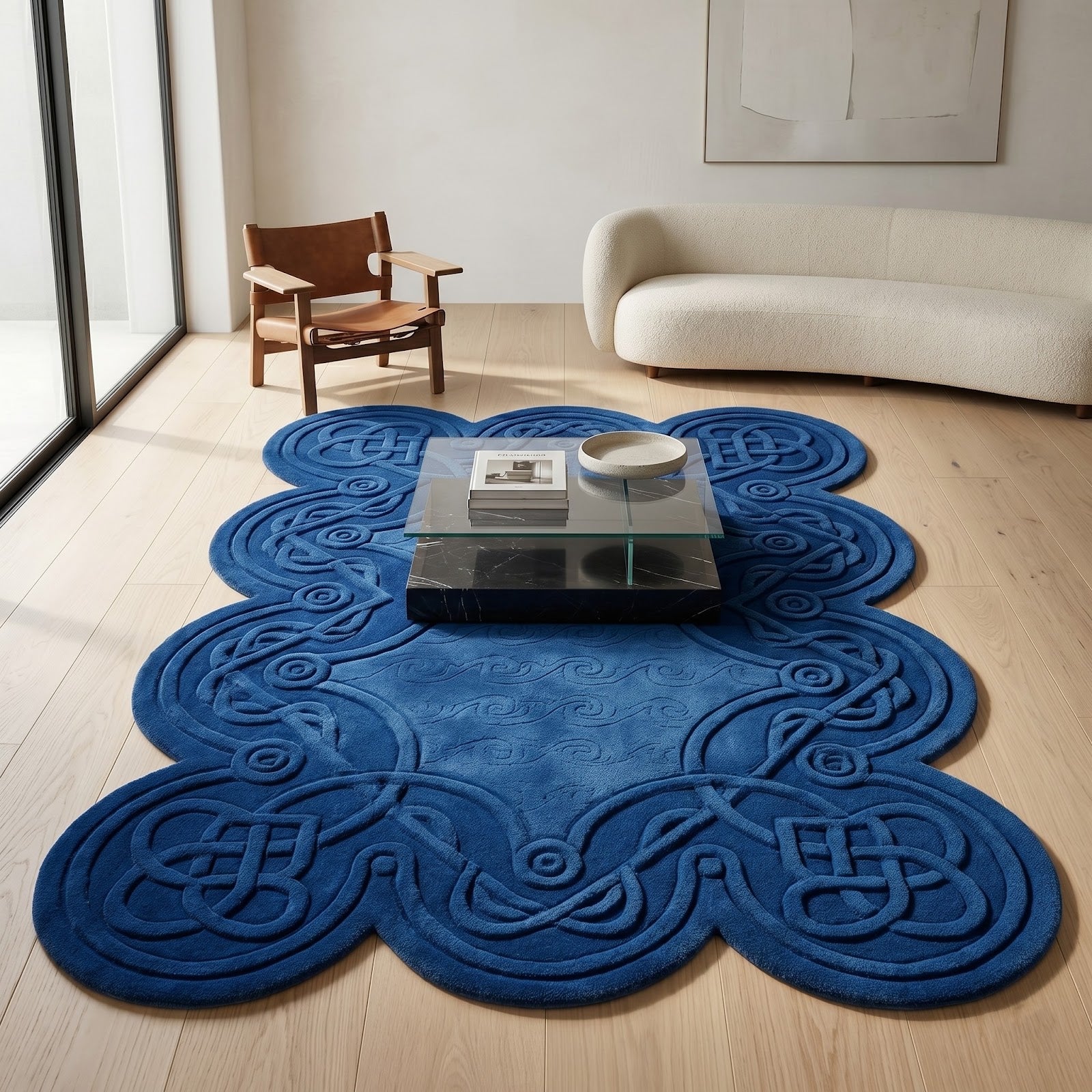 Celtic Knot Irregular Hand Tufted Wool Rug | Navy Blue Heritage Pattern Statement Area Rug — 2x3 ft'