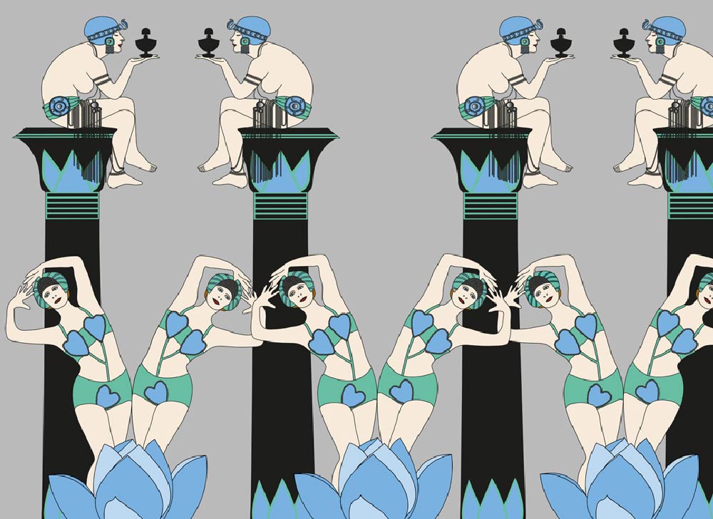 CUSTOM ART DECO EGYPTIAN REVIVAL LOTUS GIRLS MURAL Blue by Art Decor Designs image 1