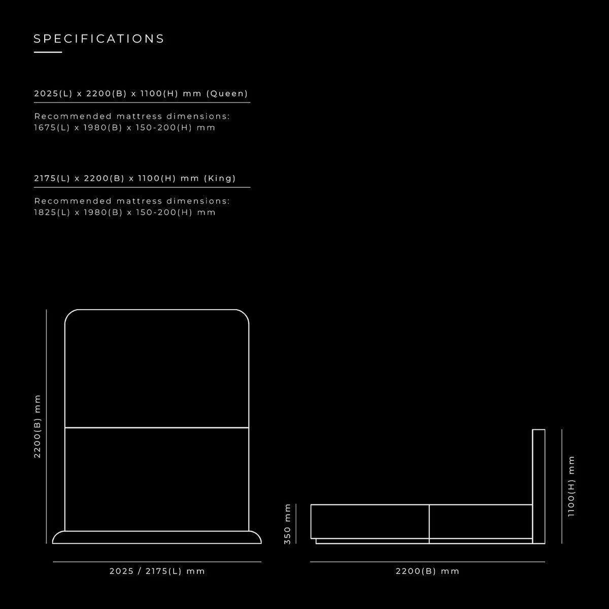 Flow Bed by BEC Furniture — dimensioned specification drawing