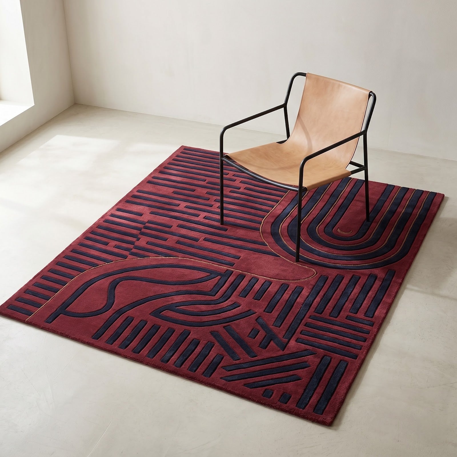 Burgundy Geometric Hand Tufted Wool Rug | Modern Art Deco Area Rug in Wine Red & Navy Blue — 2x3 ft'
