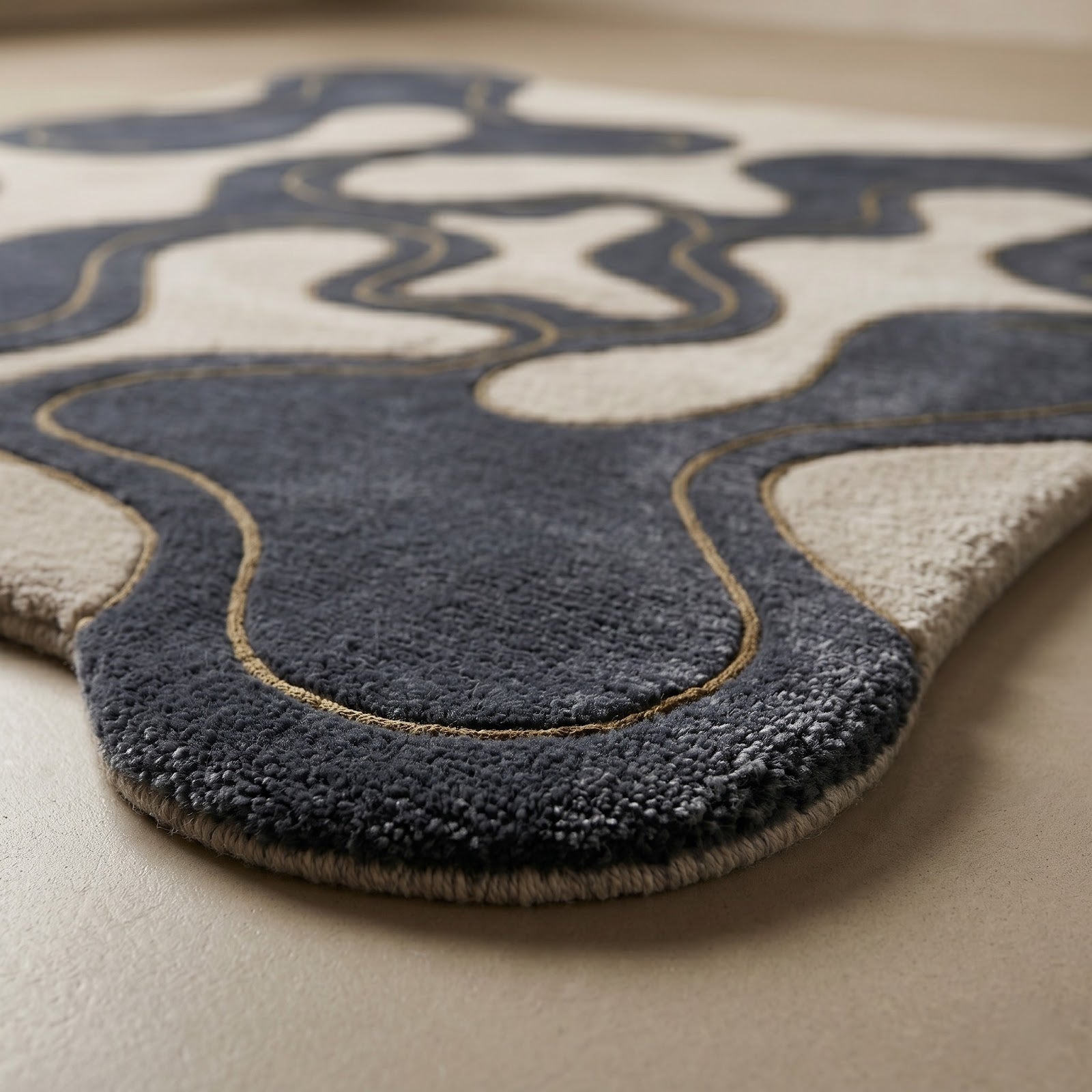 Organic Flow Hand Tufted Wool Rug | Slate Blue & Ivory Biomorphic Irregular Area Rug — 2x3 ft'