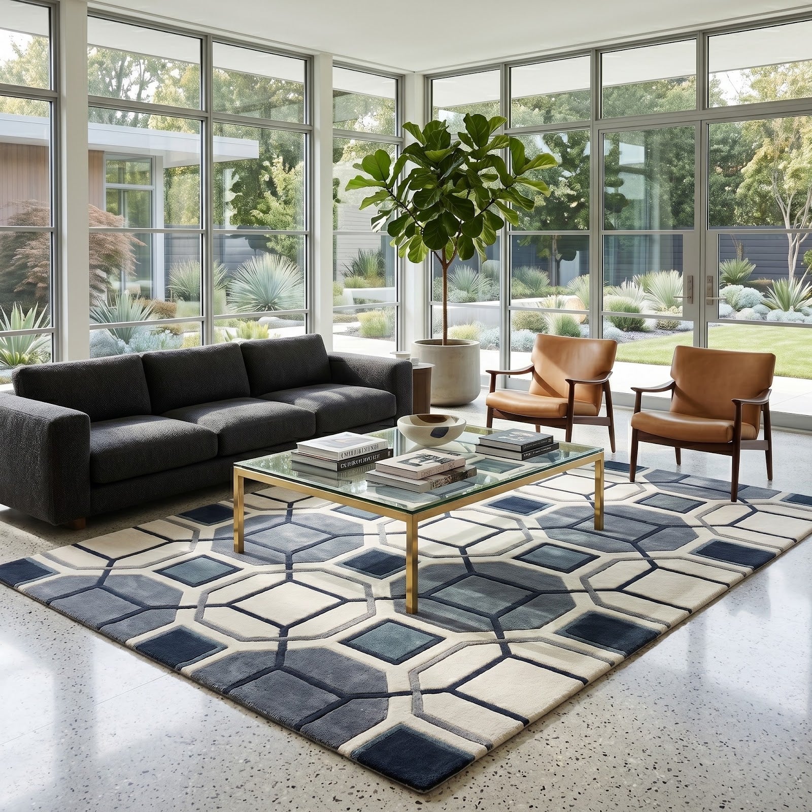Geometric Lattice Hand Tufted Wool Rug | Blue, Grey & Ivory Contemporary Area Rug — 2x3 ft'
