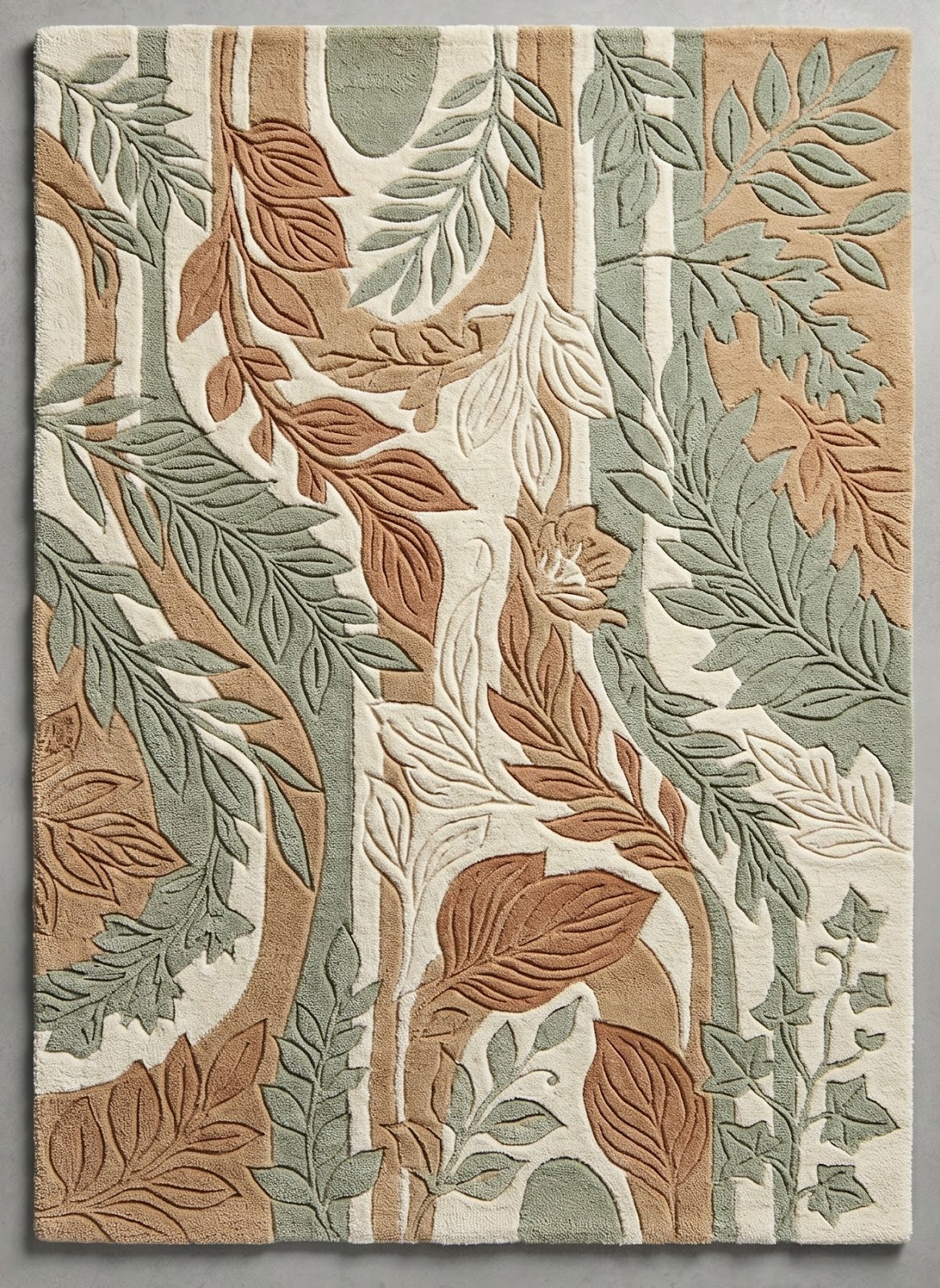 Botanical Forest Hand Tufted Wool Rug | Sage Green & Terracotta Leaf Pattern Nature Inspired Area Rug — 2x3 ft'