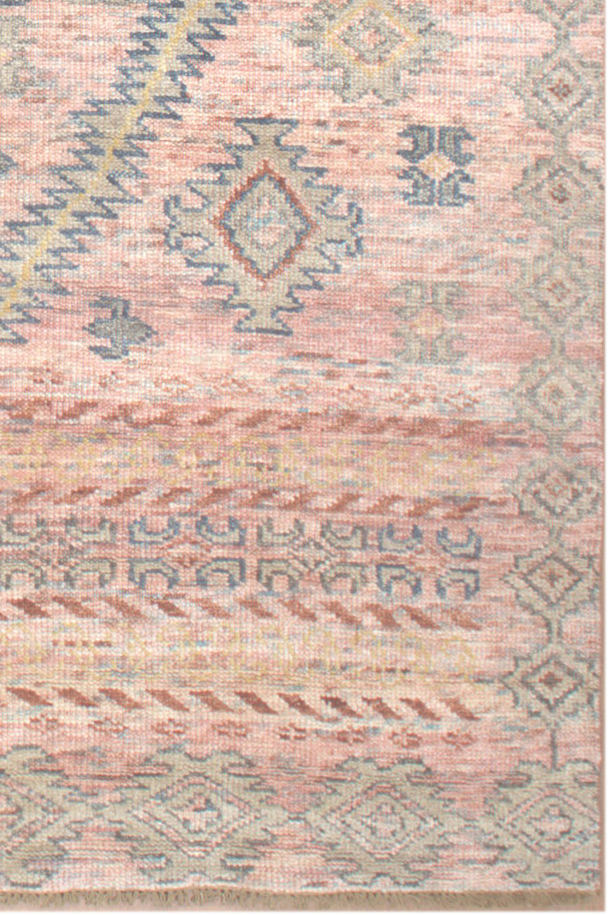 Vintage Tribal Hand Knotted New Zealand Wool Rug | Blush Pink & Sage Green Geometric Area Rug — 2x3 ft'