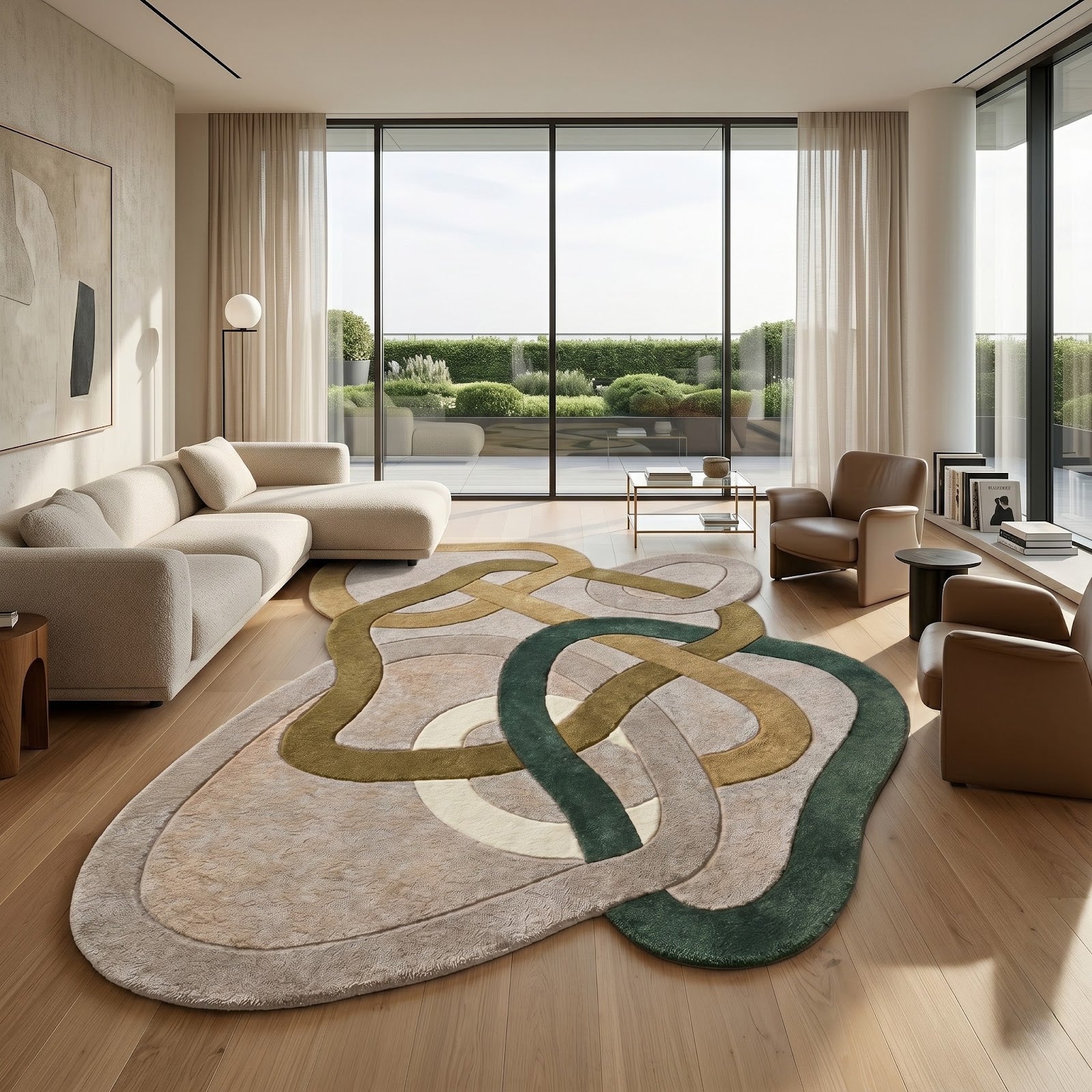 Interwoven Biomorphic Hand Tufted Wool Rug | Sage Green, Taupe & Sand Abstract Irregular Area Rug — 2x3 ft'