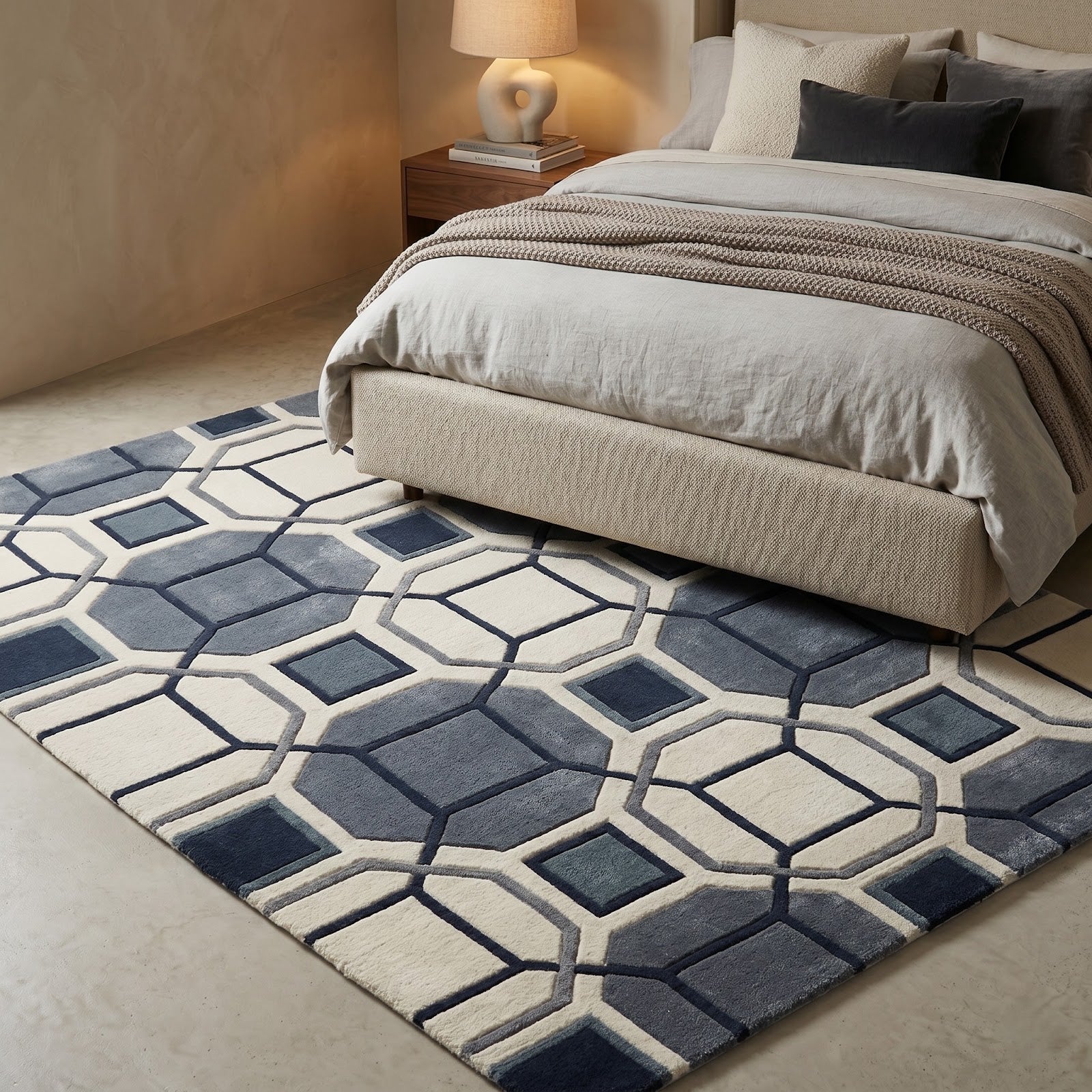 Geometric Lattice Hand Tufted Wool Rug | Blue, Grey & Ivory Contemporary Area Rug — 2x3 ft'