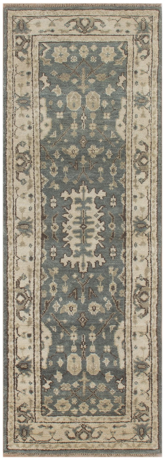 Vintage Oushak Hand Knotted New Zealand Wool Runner Rug | Blue & Ivory Traditional Floral Runner — 2x3 ft'