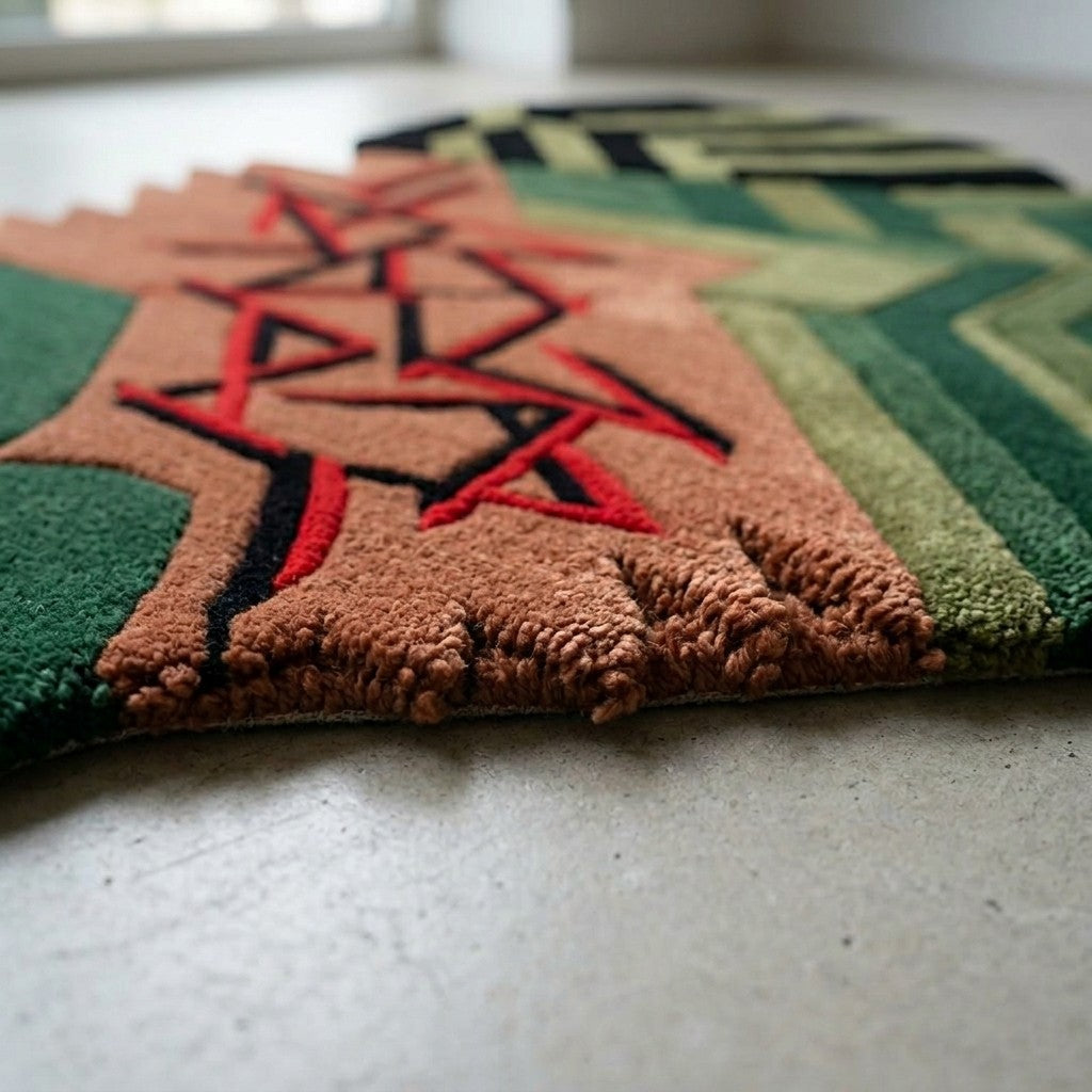 Abstract Geometric Hand Tufted Wool & Viscose Rug | Green Terracotta Modern Artistic Irregular Shape Area Rug — 2x3 ft'