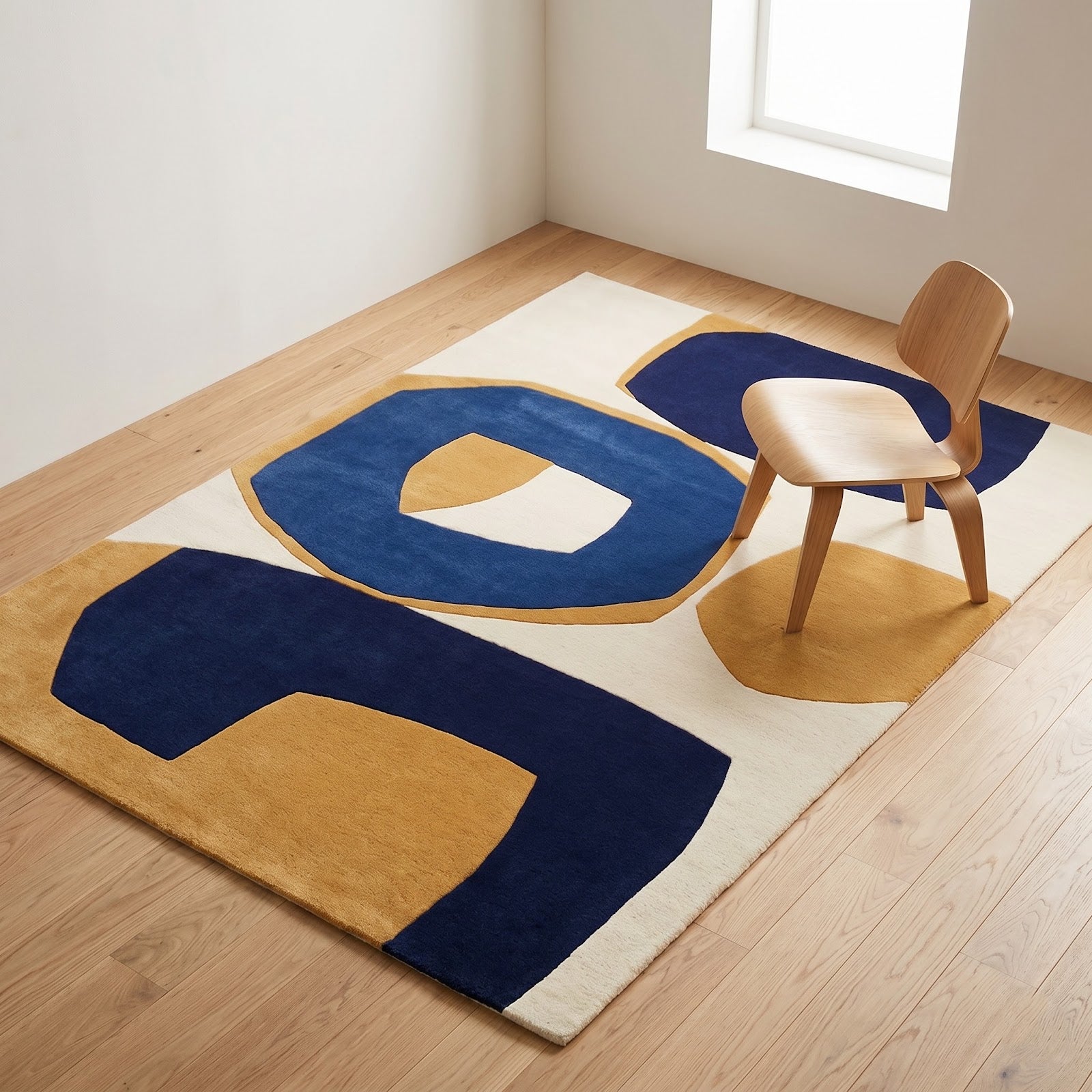 Modern Color Block Hand Tufted Wool Rug | Navy Blue, Mustard Gold & Ivory Abstract Area Rug — 2x3 ft'