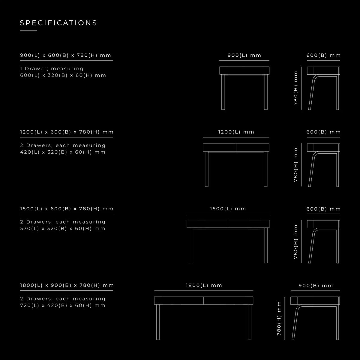 Flow Lite Work Table by BEC Furniture — dimensioned specification drawing