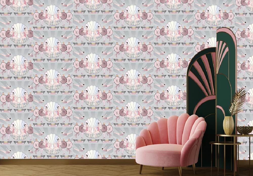 CUSTOM ART DECO BEACH BABES WALLPAPER Pink/Grey by Art Decor Designs image 2