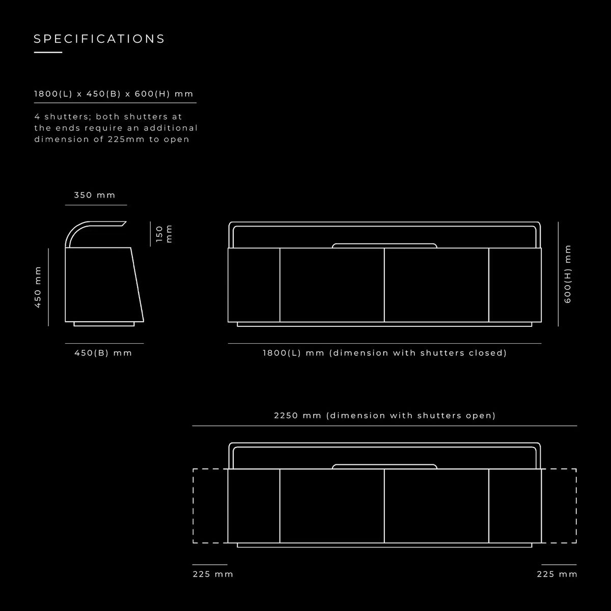 Nest Media Console by BEC Furniture — dimensioned specification drawing