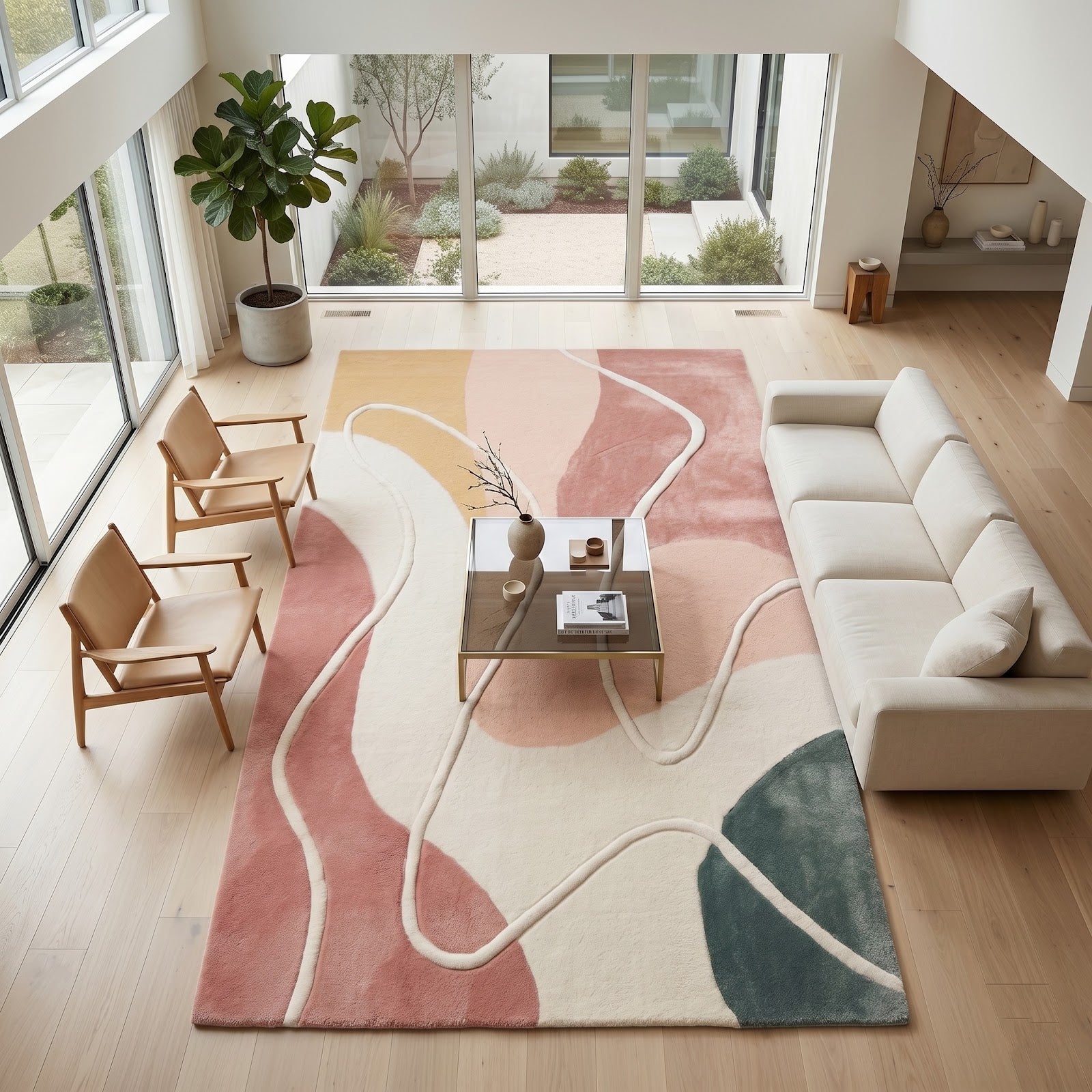 Modern Abstract Hand Tufted Wool Rug | Blush Pink Organic Line Art Area Rug — 2x3 ft'