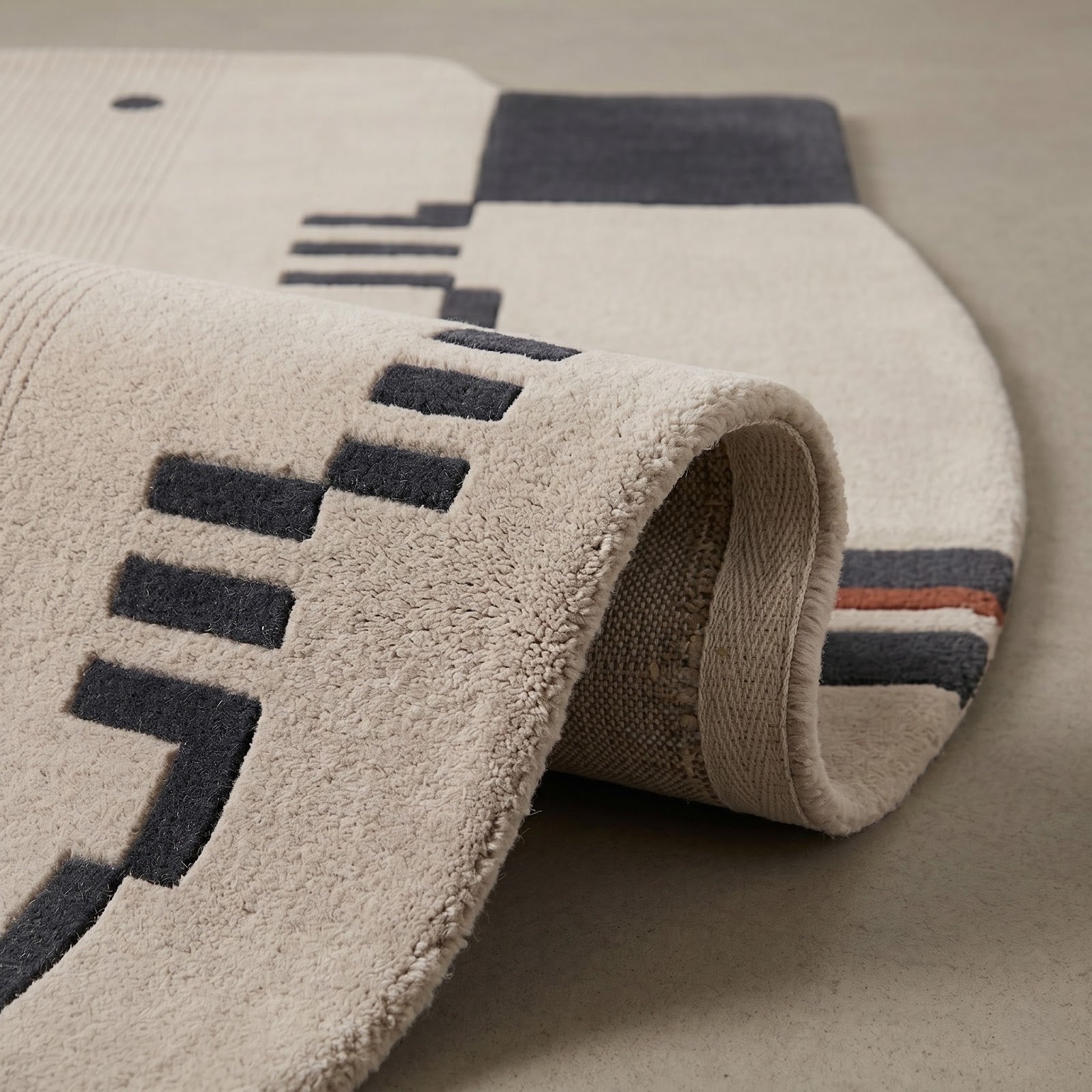 Architectural Abstract Hand Tufted Wool Rug | Ivory, Charcoal & Rust Modern Irregular Area Rug — 2x3 ft'