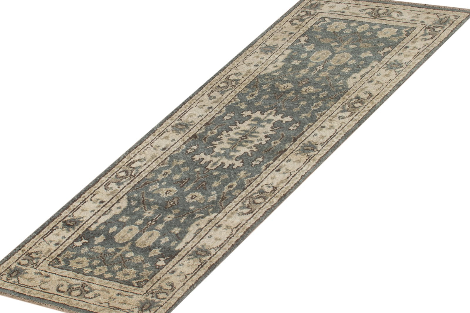 Vintage Oushak Hand Knotted New Zealand Wool Runner Rug | Blue & Ivory Traditional Floral Runner — 2x3 ft'