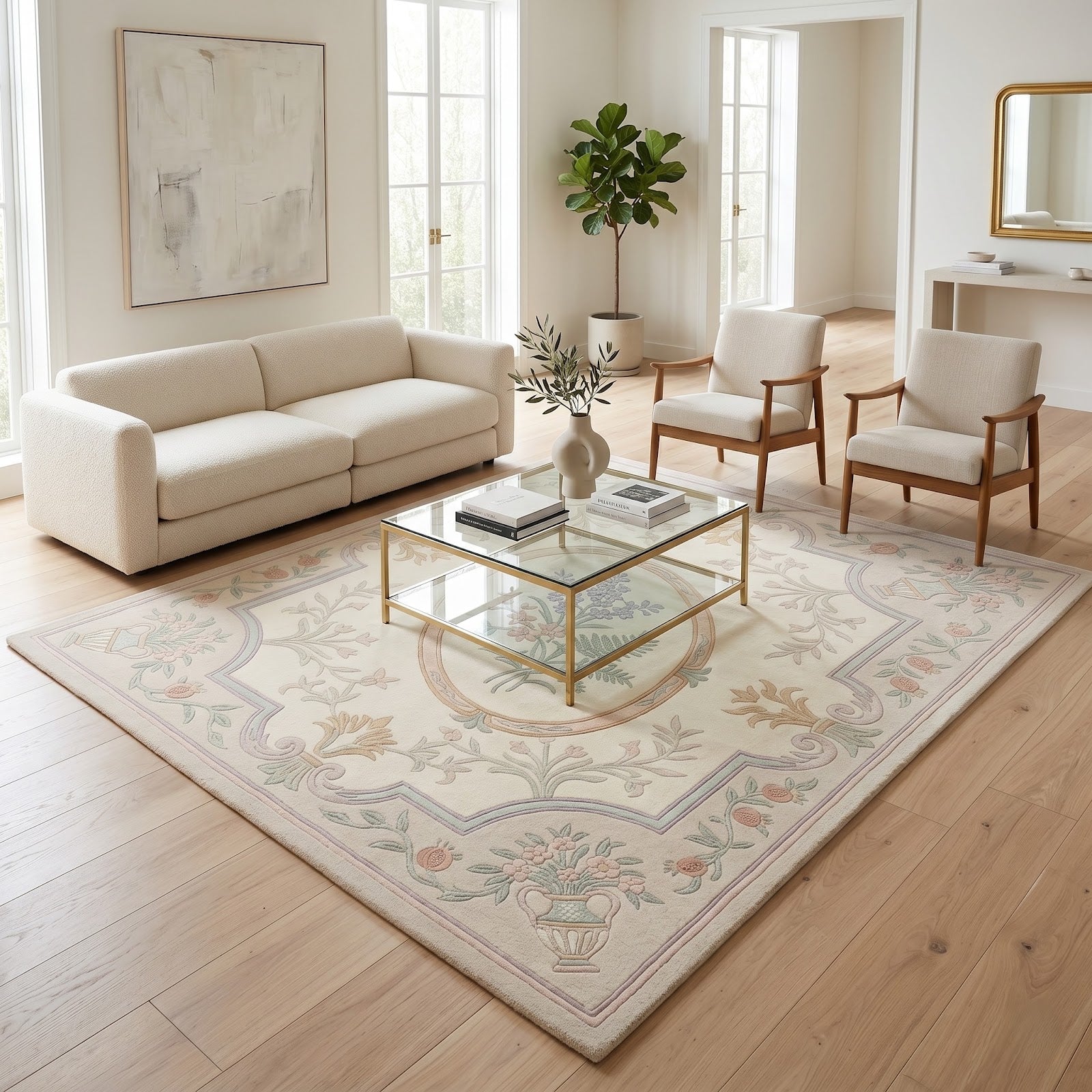 French Provincial Floral Hand Tufted Wool Rug | Pastel Botanical Medallion Area Rug — 2x3 ft'
