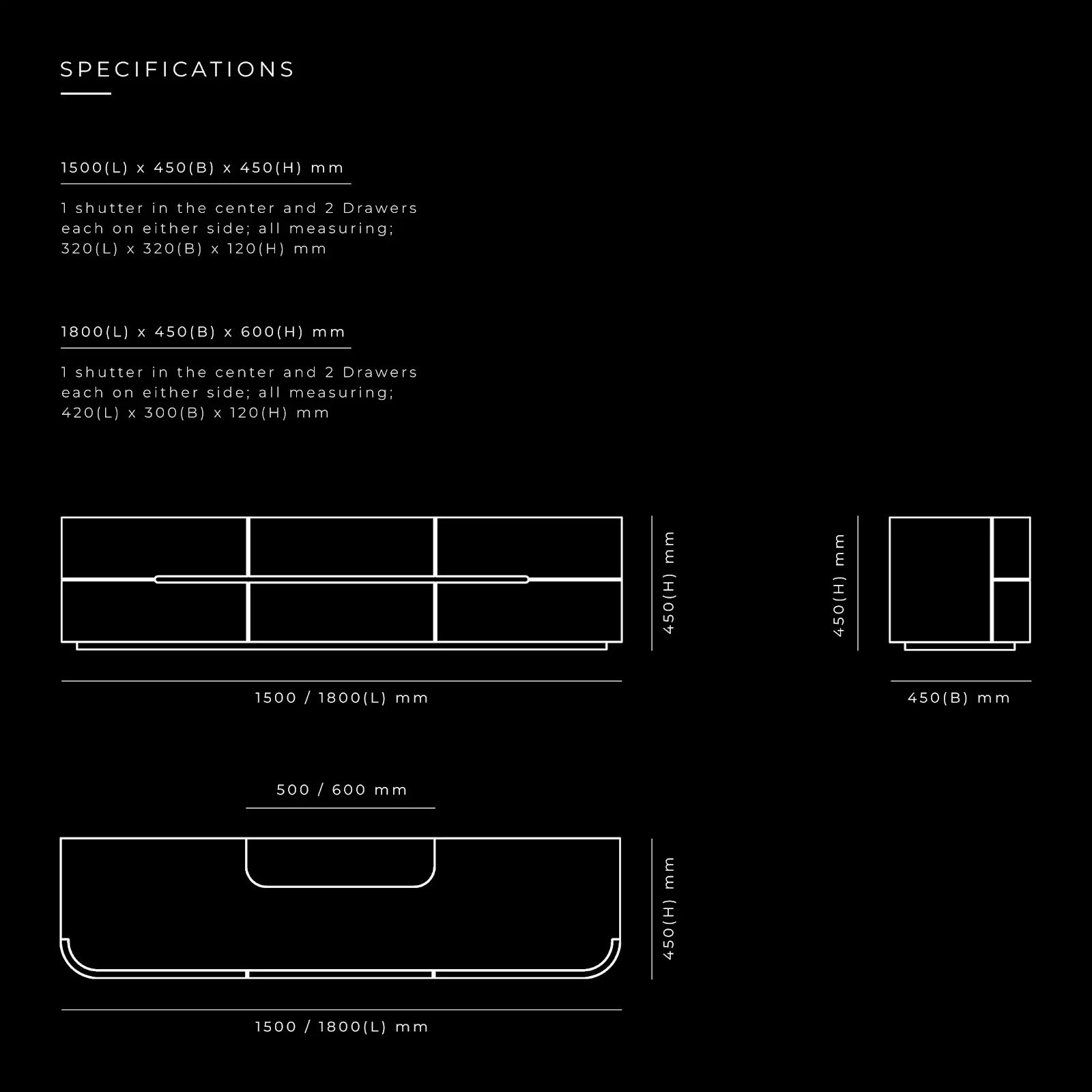 Flow Media Console by BEC Furniture — dimensioned specification drawing
