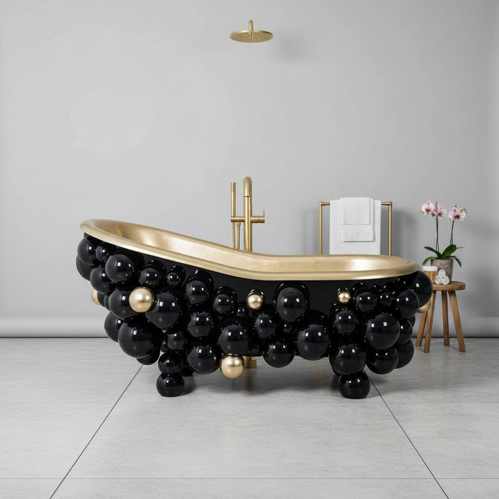 Luxury bathtub with black bead-like base and gold accents on a white background