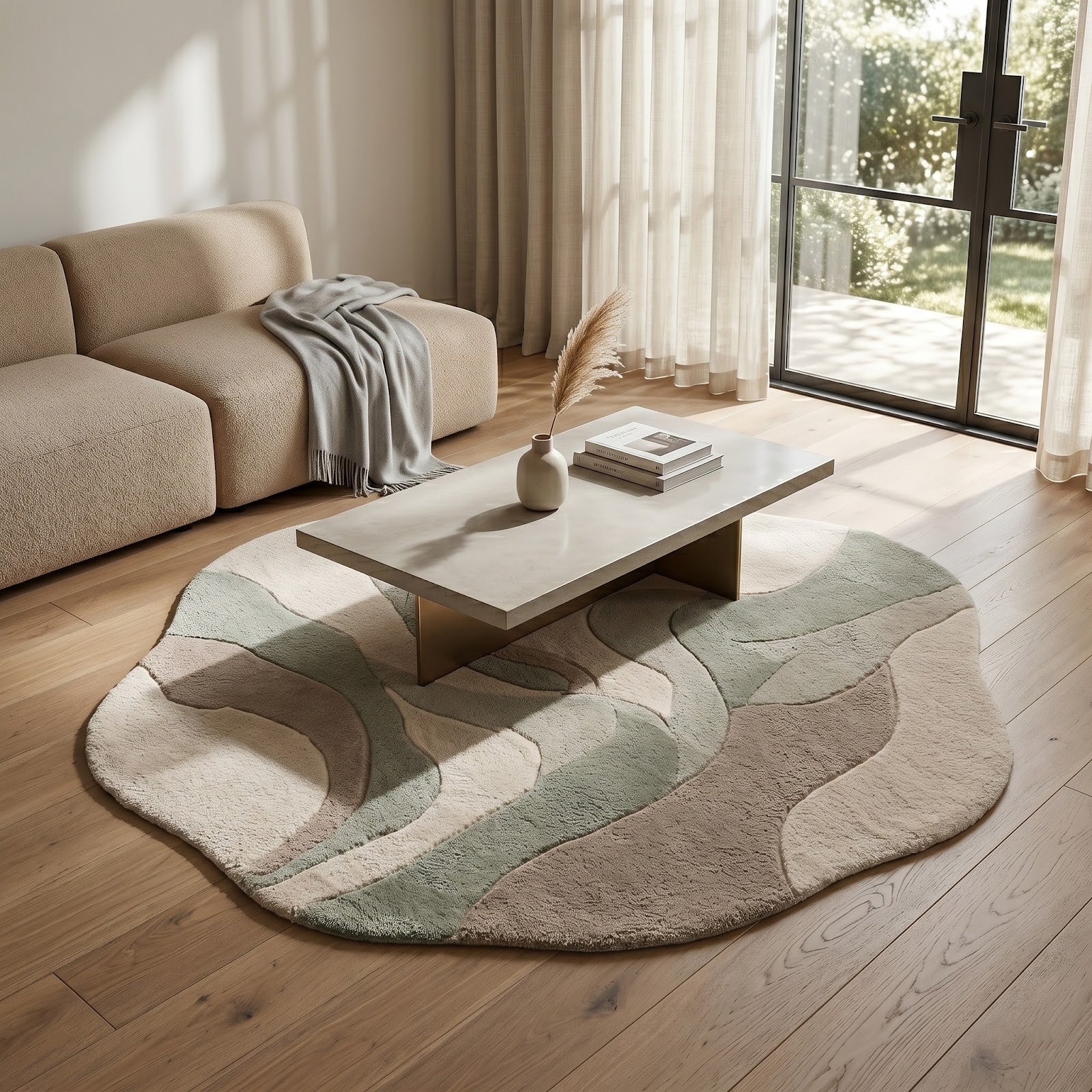 Organic Wave Hand Tufted Wool Rug | Sage Green, Taupe & Ivory Irregular Shape Area Rug — 2x3 ft'