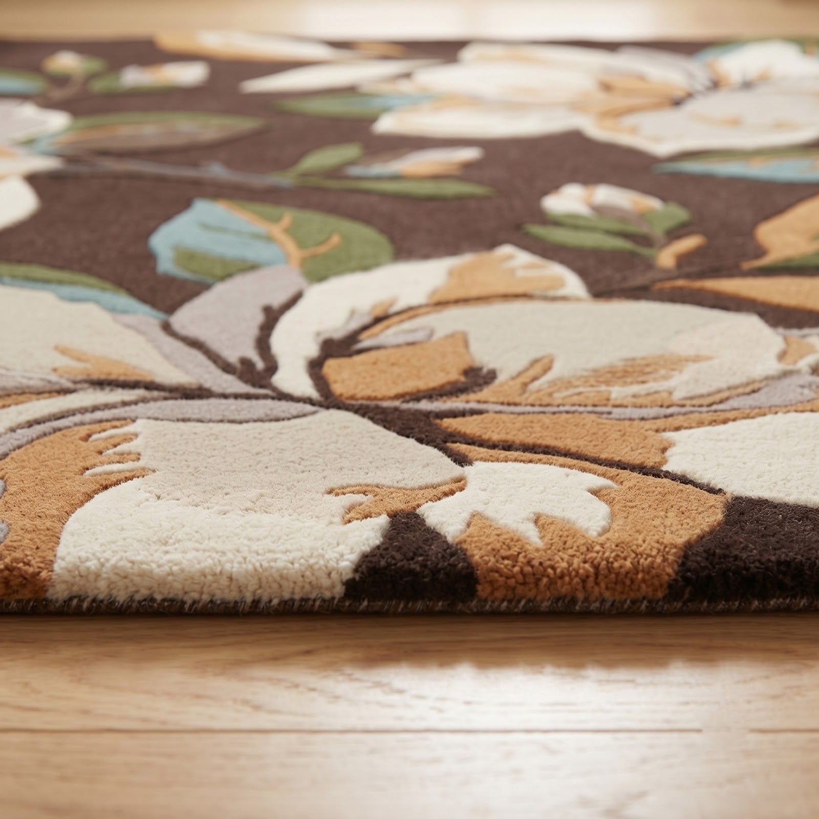 Magnolia Blossom Hand Tufted Wool Rug | Chocolate Brown Floral Botanical Area Rug — 2x3 ft'
