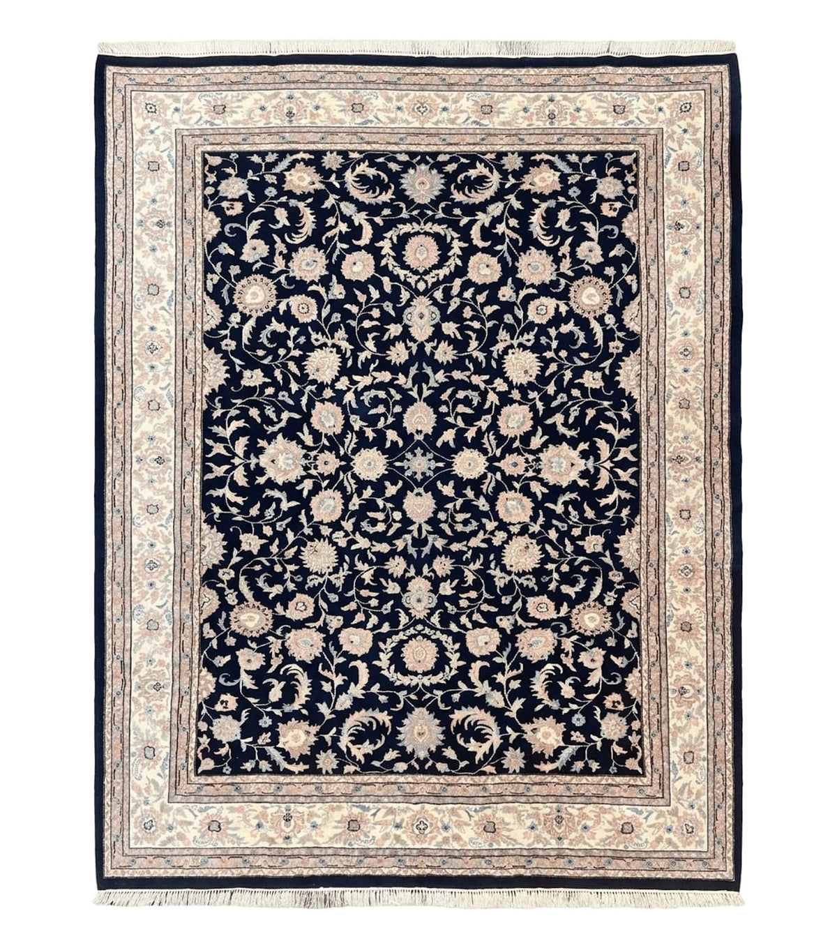 Indo Persian Rug 9x12, Navy Blue and Ivory/Cream, Floral Allover, Wool Vintage Handmade Carpet - Jewel Rugs