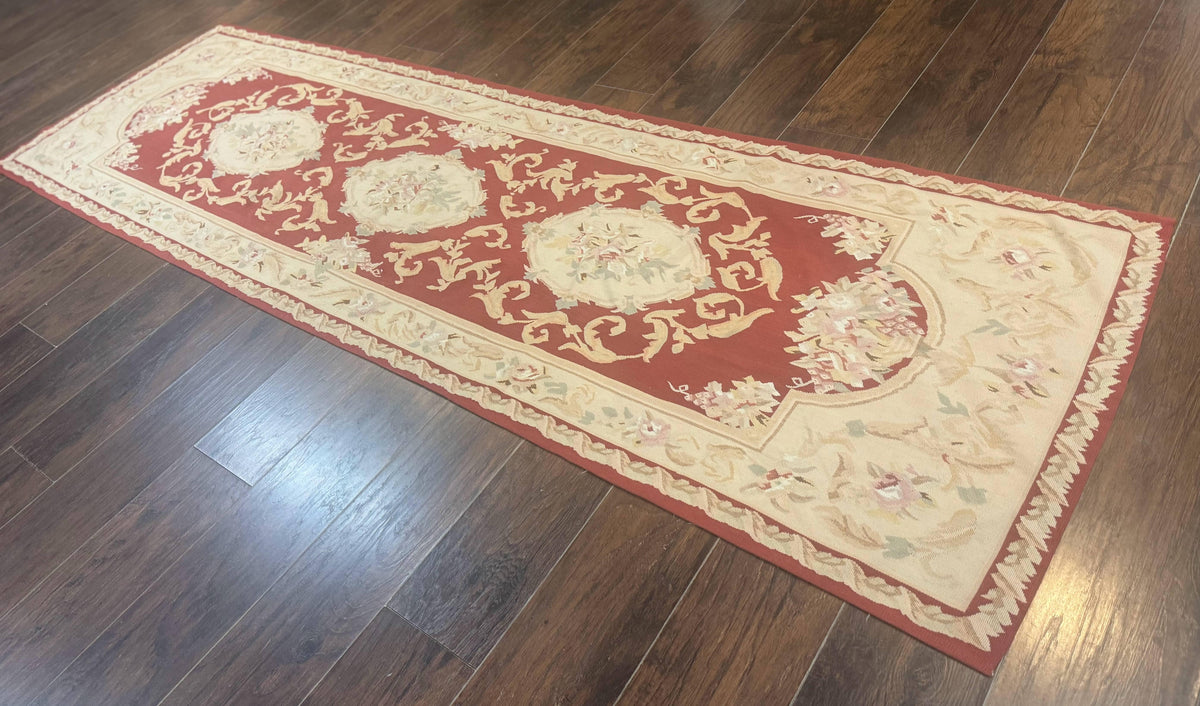 Aubusson Runner Rug 3x10, European Design, Red and Beige, Elegant, Handmade Wool Rug - Jewel Rugs, view 13