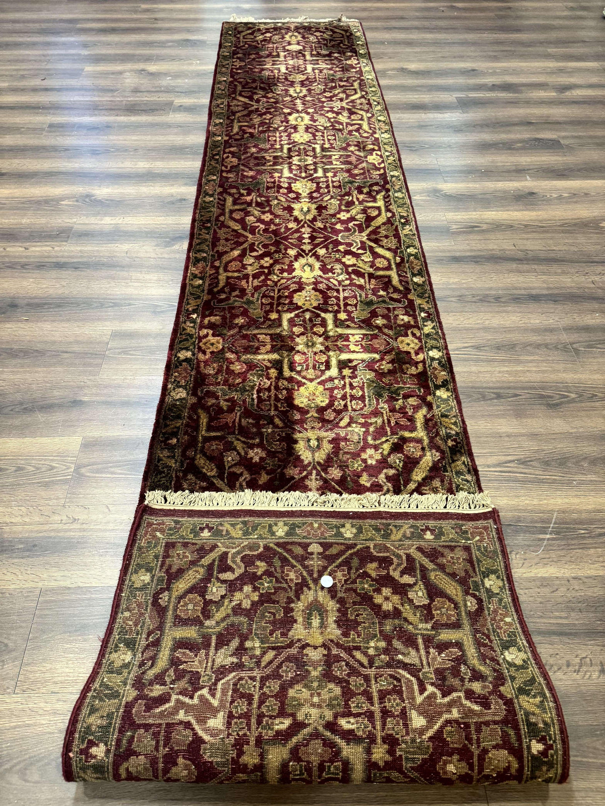 Indo Persian Runner Rug 2.7 x 13.8, Maroon, Wool, Handmade Indian Rug for Hallway - Jewel Rugs, view 11