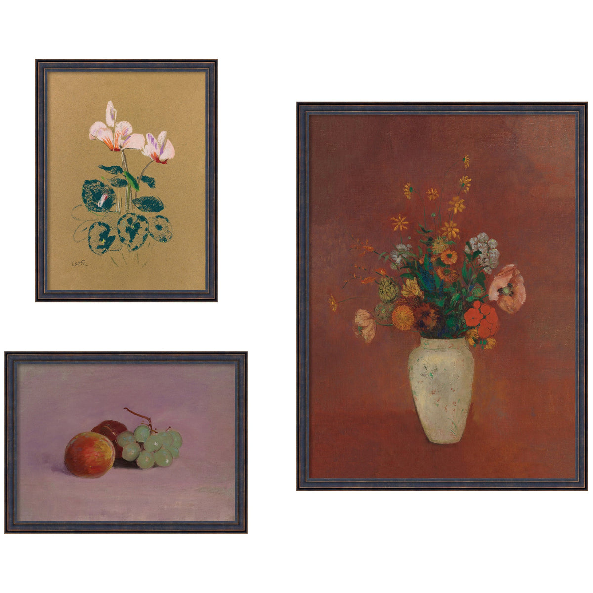 Cyclamen, Still Life with Fruit, & Bouquet in a Chinese Vase Odion Redo 3 Piece Framed Wall Art Print Set by Nostalgia Prints