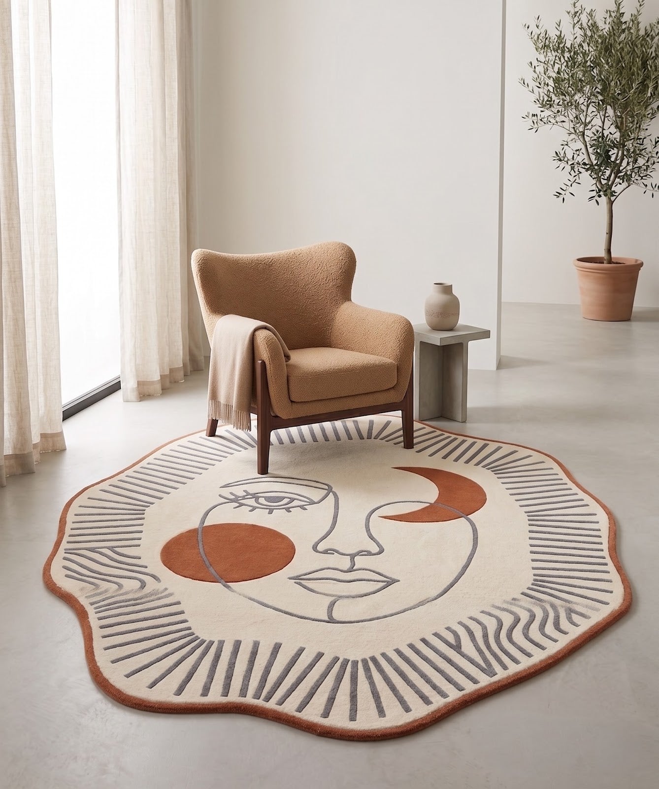 Celestial Face Hand Tufted Wool Rug | Ivory & Terracotta Abstract Art Irregular Shape Area Rug — 2x3 ft'