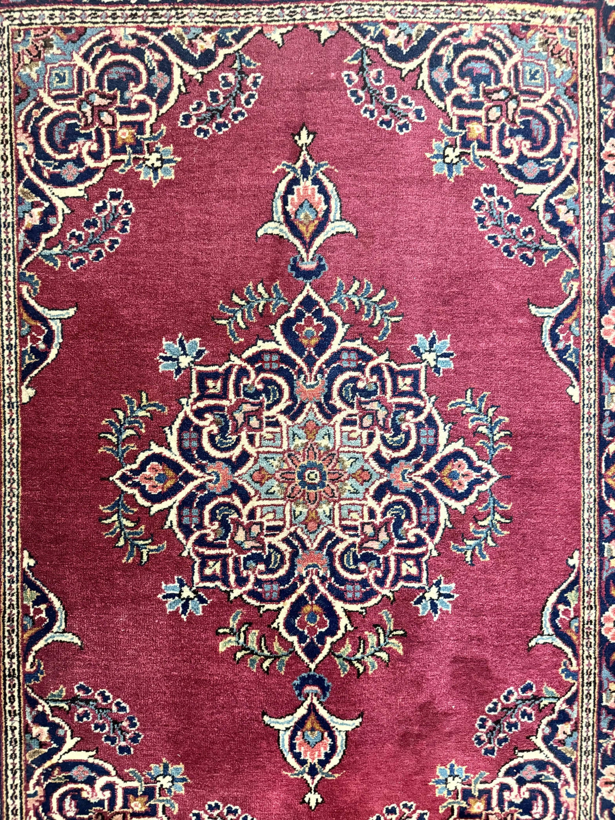 Small Persian Kashan Rug 2x3, Red and Navy Blue, Handmade Vintage Wool Semi Antique Persian Carpet, Semi Open Field - Jewel Rugs, view 6