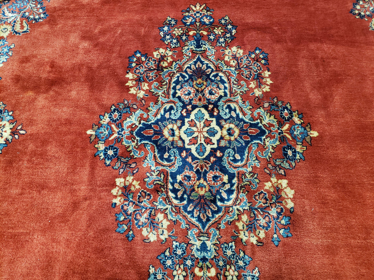 Semi Antique Persian Sarouk Rug 9x12, Semi Open Field with Central Medallion, Hand Knotted Wool, Tomato Red, 9 x 12 Authentic Oriental Carpet - Jewel Rugs, view 5