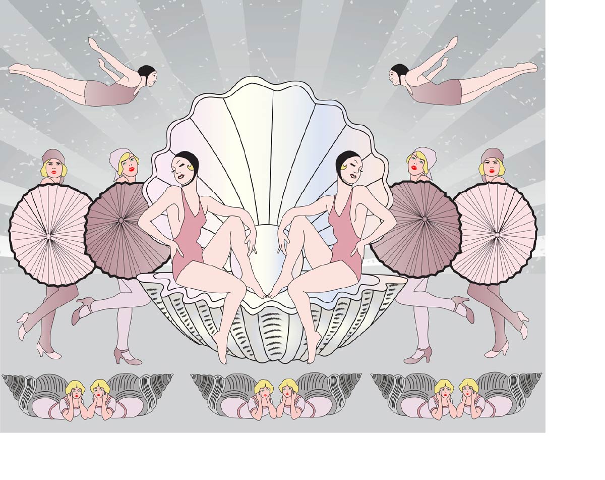 CUSTOM ART DECO BEACH BABES WALLPAPER Pink/Grey by Art Decor Designs image 0