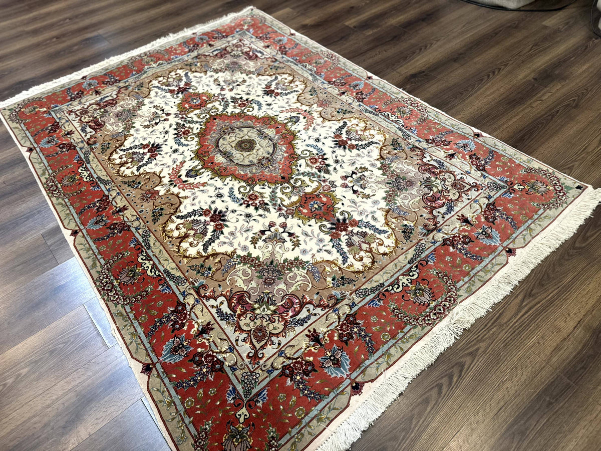 Wonderful Persian Tabriz Rug 5x7, Very Fine 440 KPSI, Ivory and Coral, Rare - Jewel Rugs, view 13