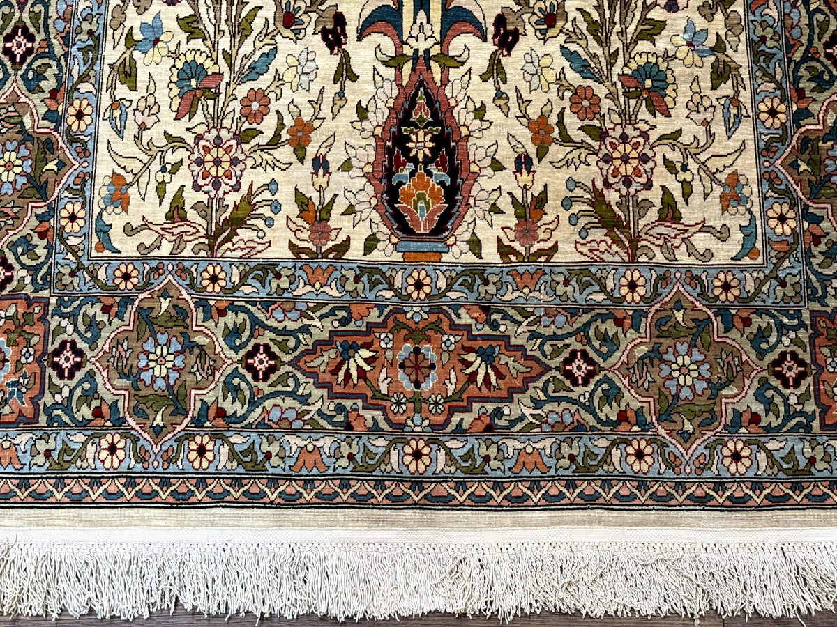 Rare Turkish Hereke Silk Rug 3x5, Tree of Life Persian Vase Design, Very Fine 440 KPSI, Signed - Jewel Rugs, view 5