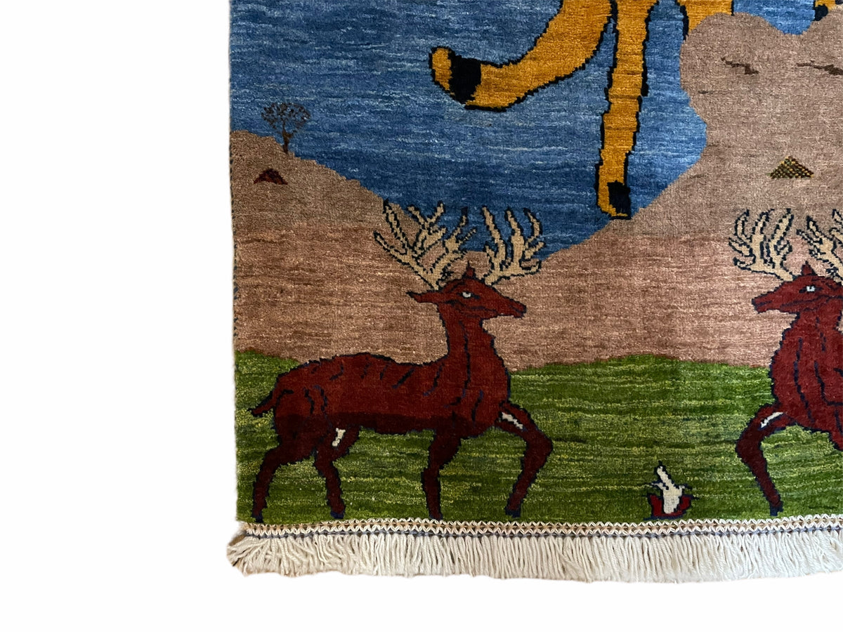 3 x 5 Handmade New Vintage Wool Blue Rug Leopard Lion Jaguar Deer Organic Dyes - Jewel Rugs, view 9