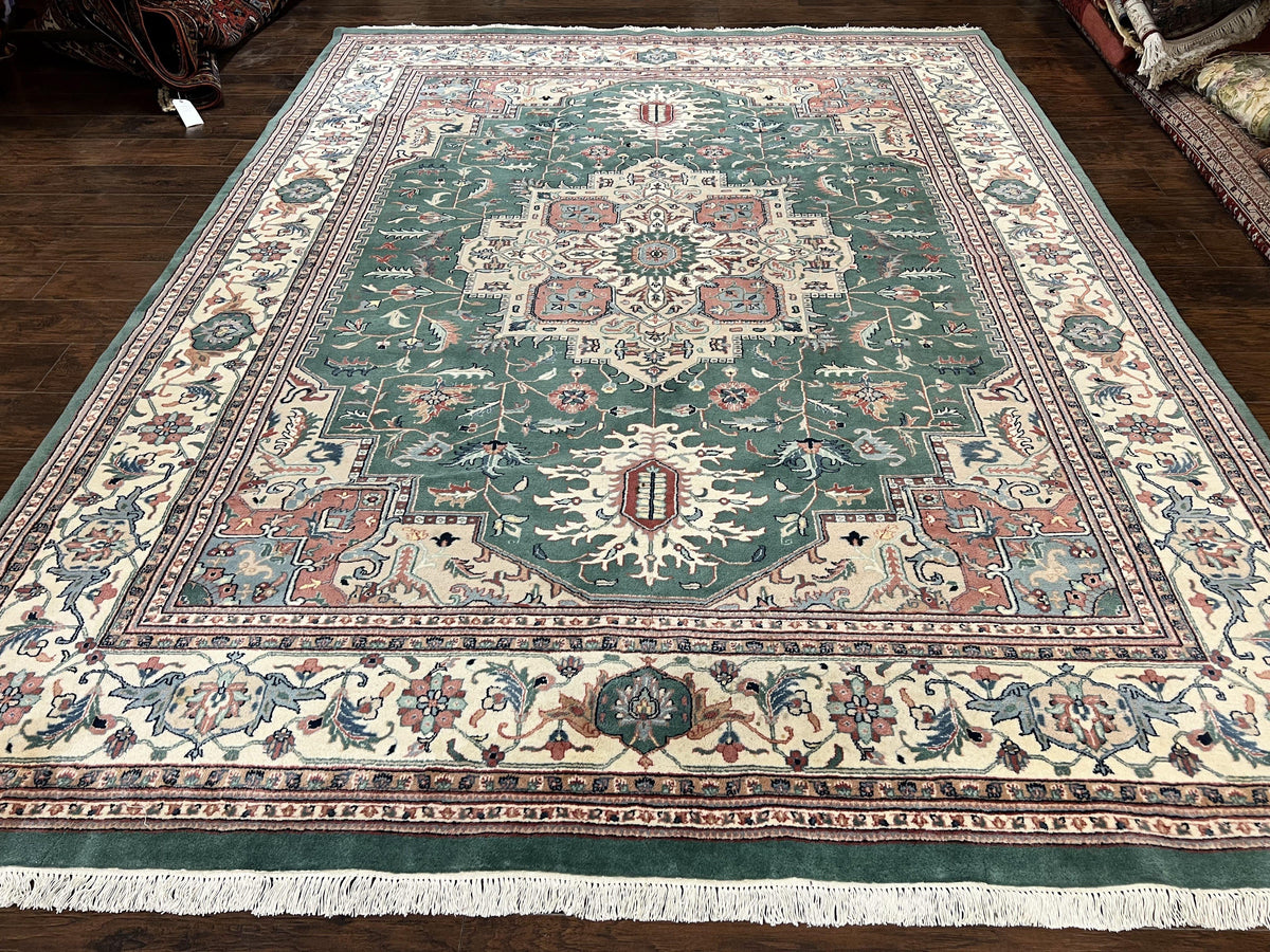 Indo Heriz Rug 9x12, Geometric Oriental Carpet, Room Sized Wool Handmade Hand Knotted Vintage Green and Cream Area Rug, Indian Rug 9 x 12 - Jewel Rugs, view 2