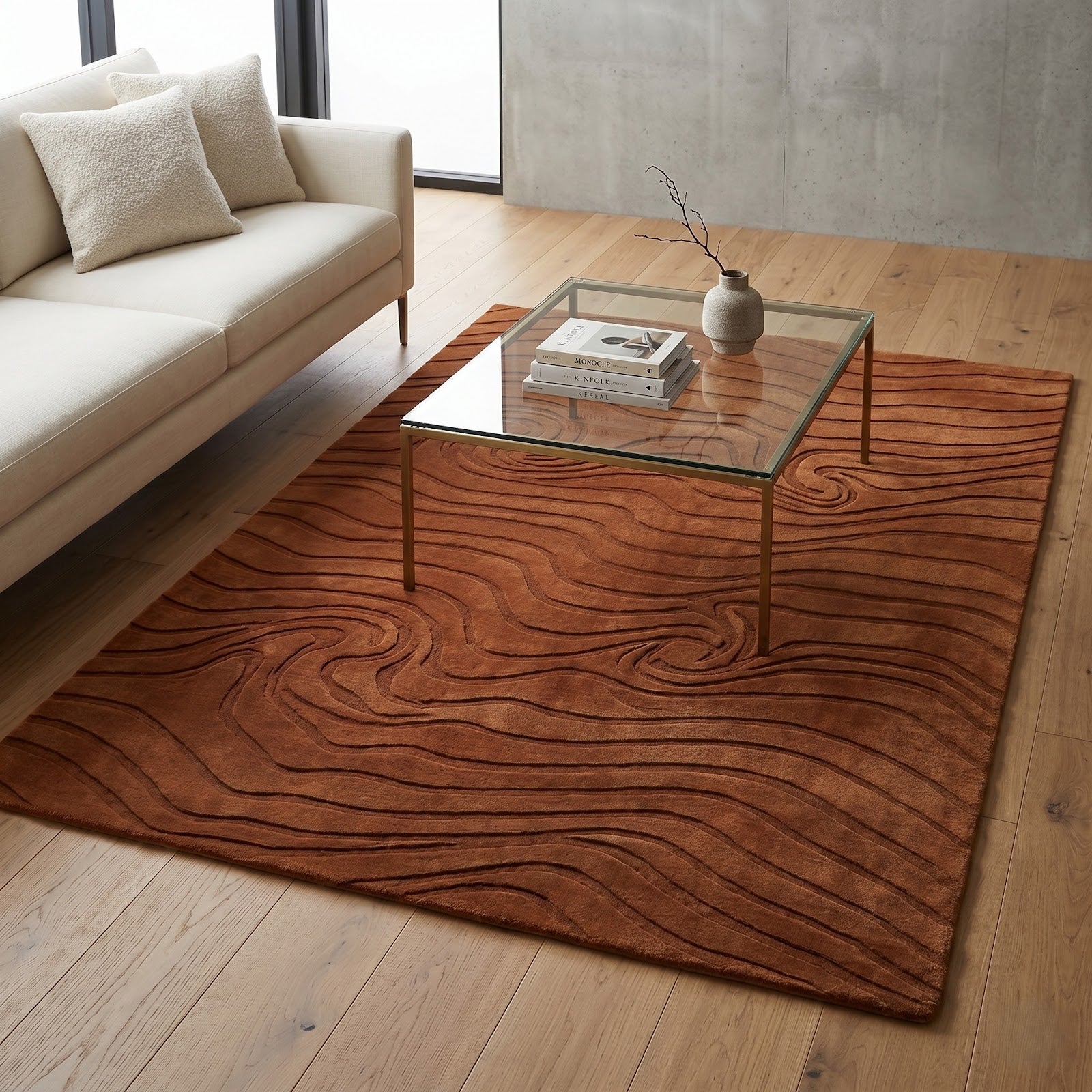 Organic Woodgrain Wave Hand Tufted Wool Rug | Terracotta Brown Sculpted Abstract Area Rug — 2x3 ft'