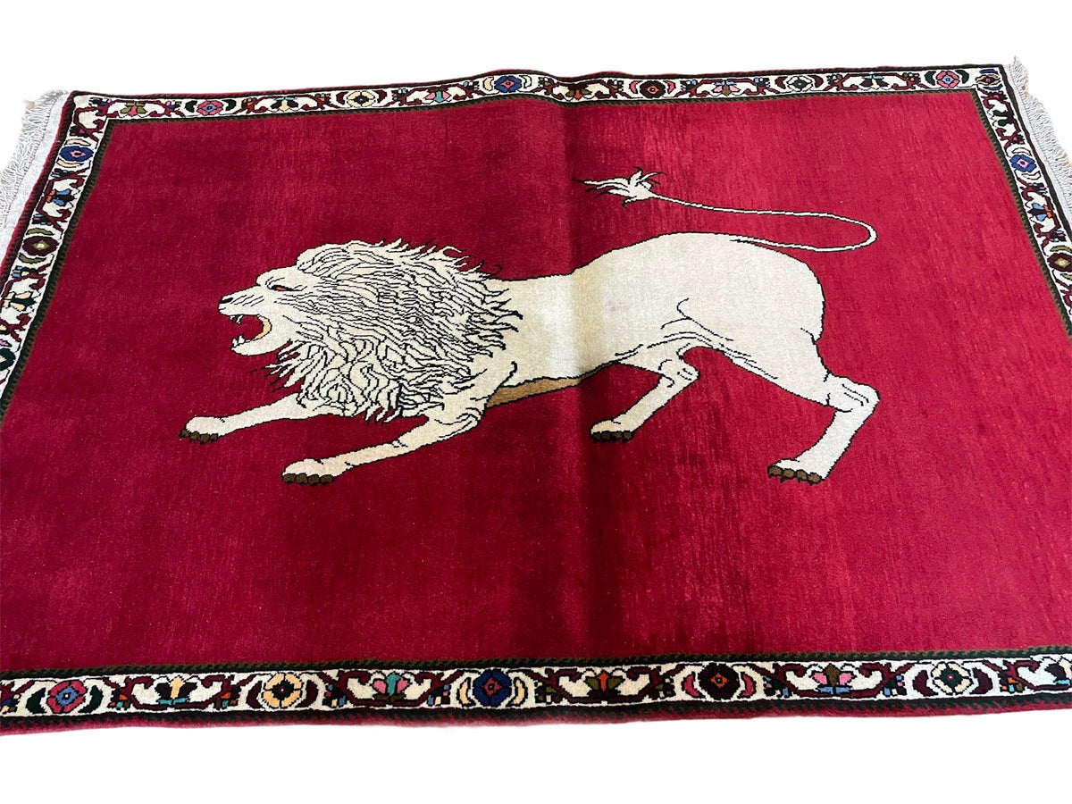 4 X 6 Handmade Hand-Knotted Quality Wool Rug Zagros Lion Red Ivory Tribal Rug - Jewel Rugs, view 9