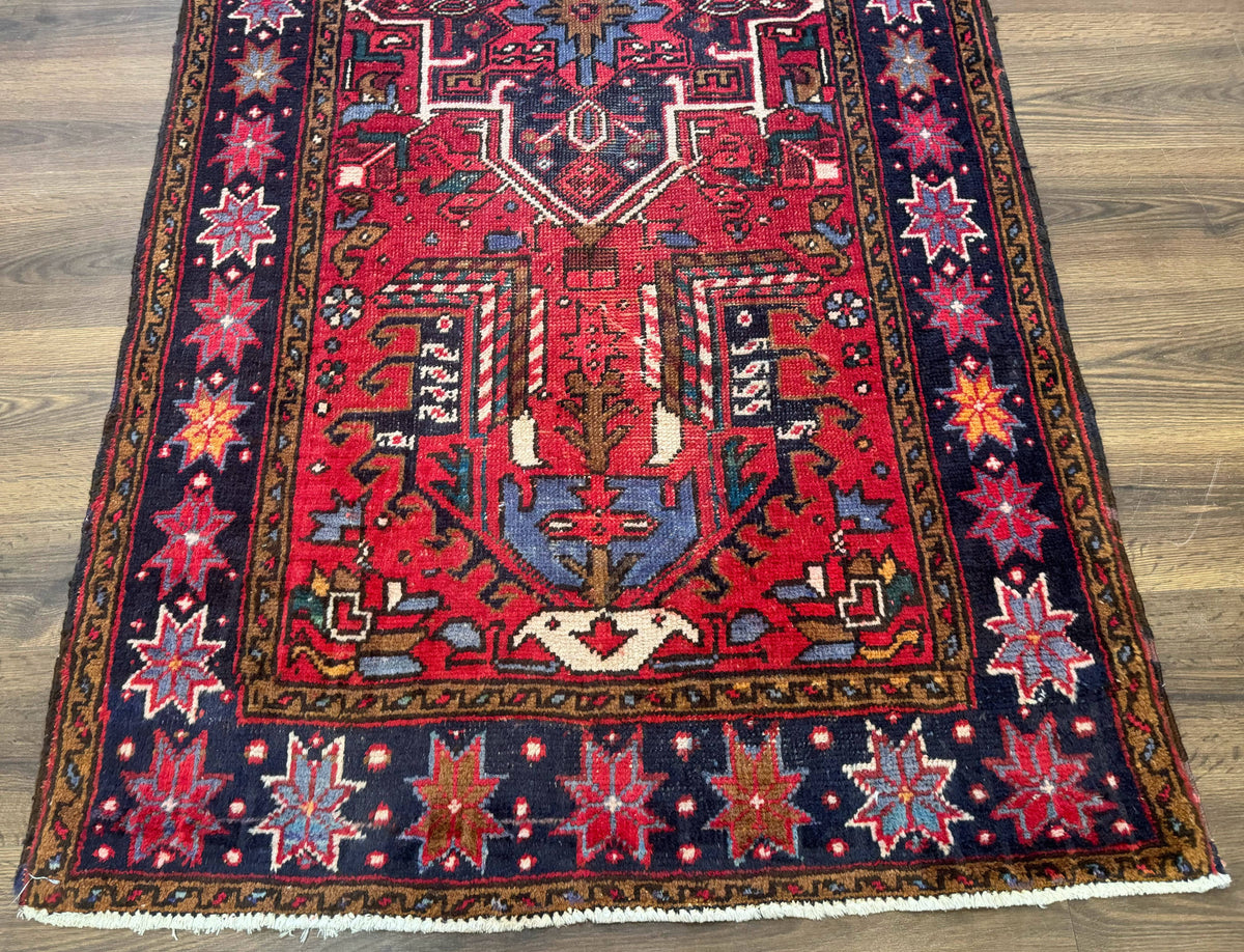 Persian Heriz Karajeh Runner Rug 3.7 x 12, Geometric Medallions, Red and Navy Blue - Jewel Rugs, view 6