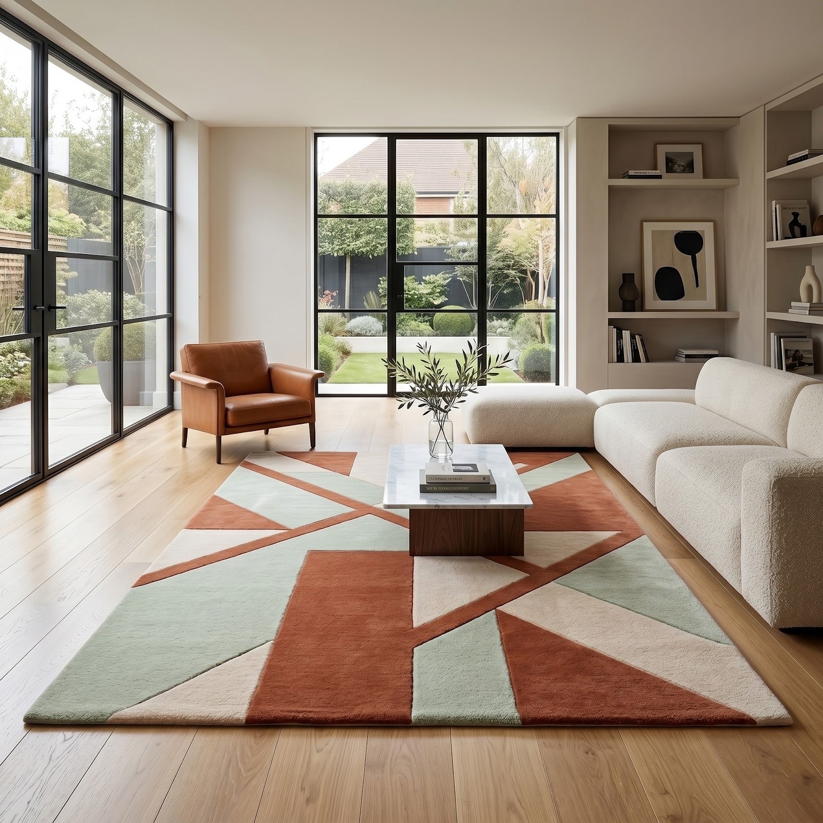 Modern Geometric Hand Tufted Wool Rug | Terracotta, Sage Green & Ivory Contemporary Area Rug — 2x3 ft'