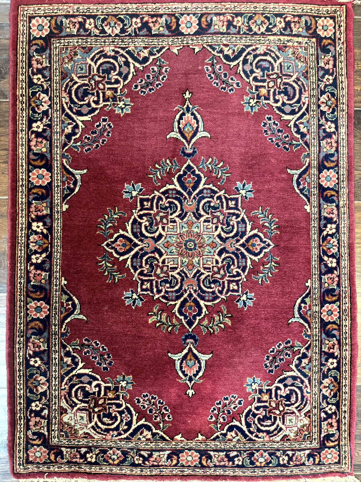 Small Persian Kashan Rug 2x3, Red and Navy Blue, Handmade Vintage Wool Semi Antique Persian Carpet, Semi Open Field - Jewel Rugs, view 4