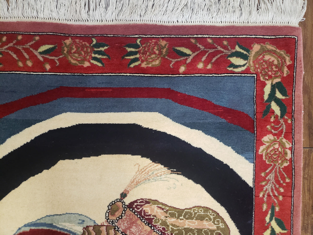 Vintage Small Pictorial Lovers Rug 2.5 x 4, Taj Mahal Indo Persian Rug, Wool Hand-Knotted Indian Rug, King & Queen, Layla and Majnun - Jewel Rugs, view 8