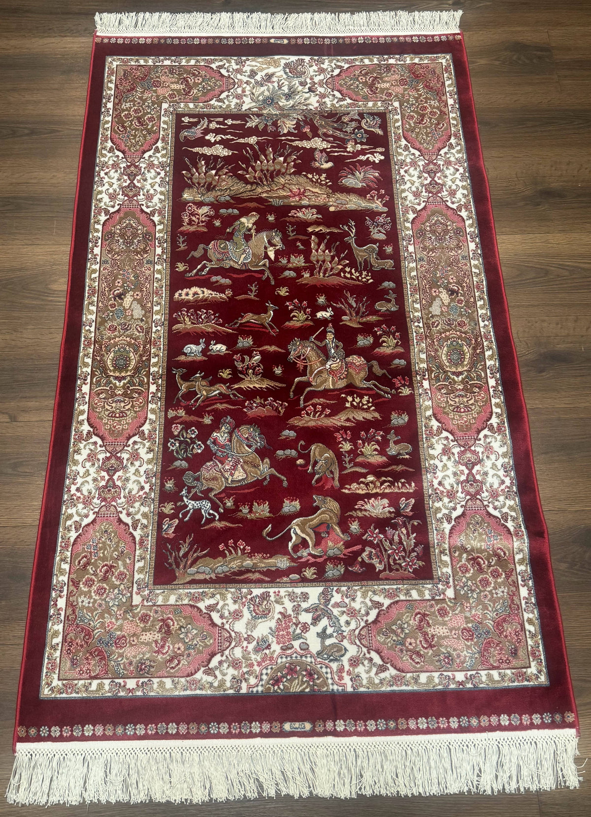 Turkish Silk Rug 3x5, Hunting Design, Dark Red & Ivory, Bamboo Silk, New - Jewel Rugs, view 2
