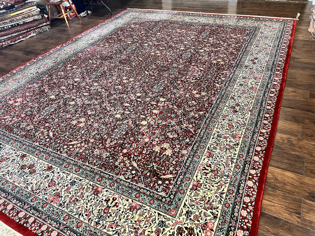 Pak Persian Rug 11x15, Wool & Silk Highlights Hand Knotted Vintage Carpet, Red Cream, Floral Allover, Oversized Kirman Rug - Jewel Rugs, view 2
