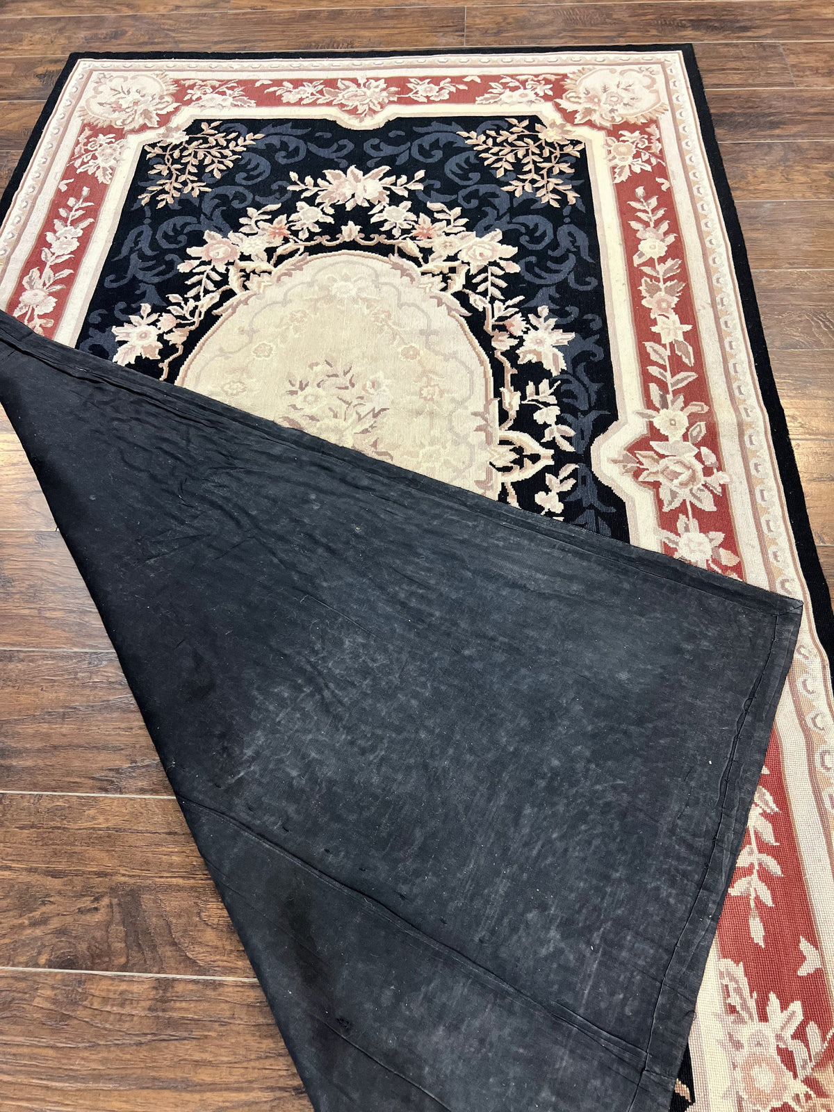 Needlepoint Rug 5x8, Wool Handmade Vintage European Design Carpet, Black & Maroon, French Aubusson Pattern Flatweave Rug - Jewel Rugs, view 11