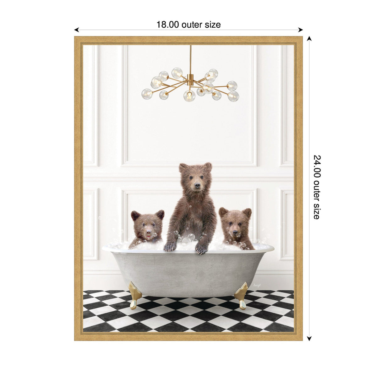 Sylvie Three Bears in Gray Bathtub on Checker Floor Framed Canvas by Amy Peterson