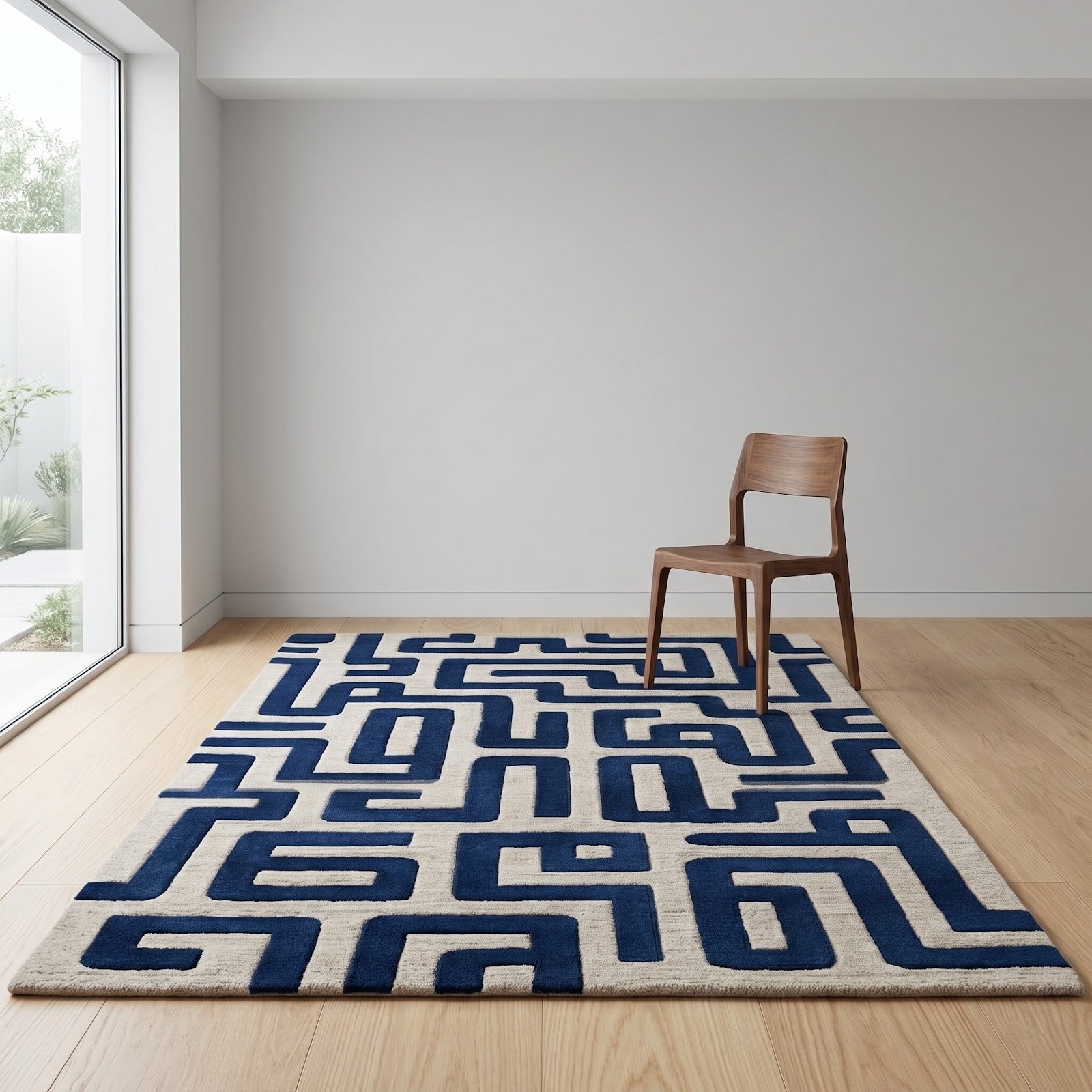Maze Pattern Hand Tufted Wool Rug | Cobalt Blue & Ivory Geometric Labyrinth Area Rug — 2x3 ft'