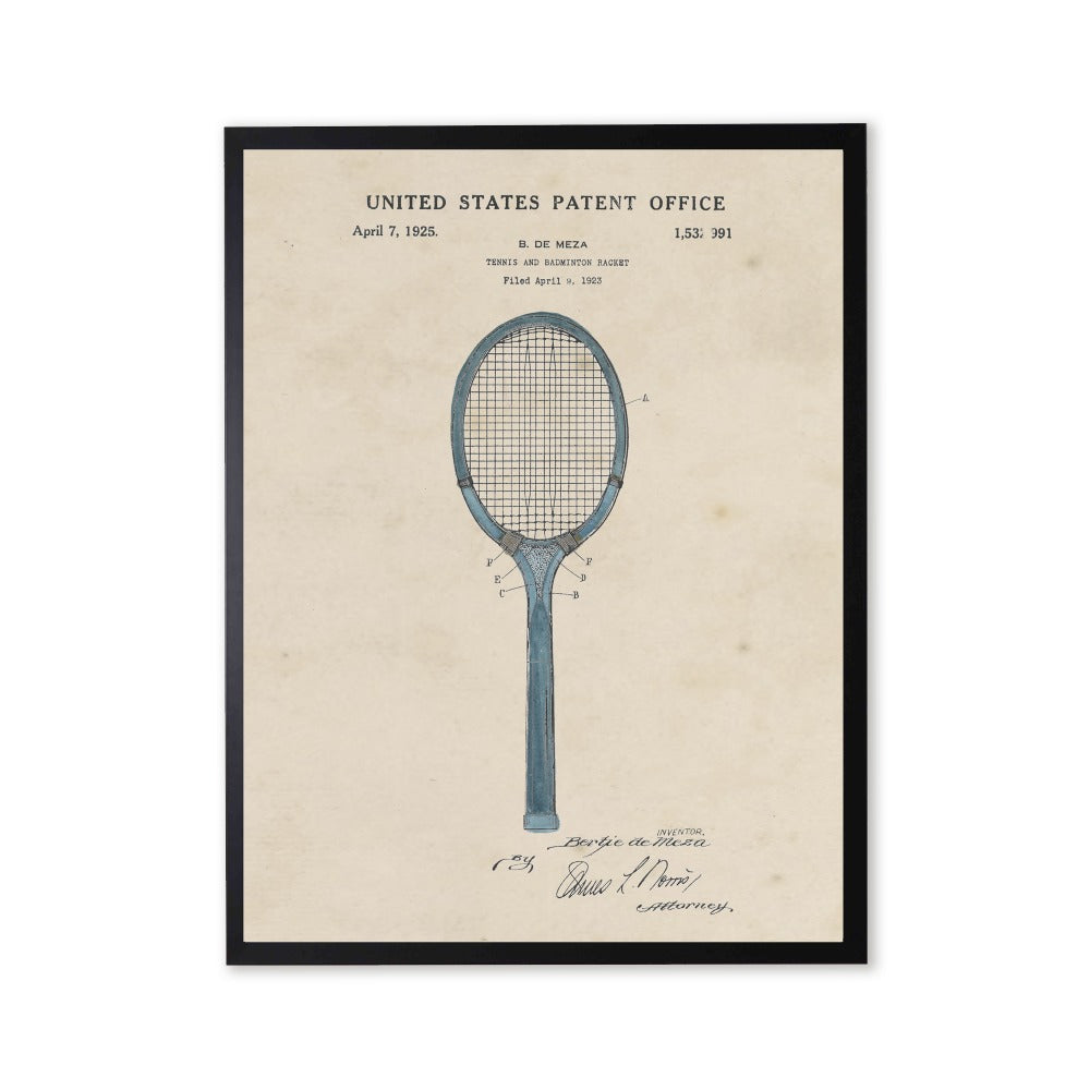 Tennis Racket Patent in Black Frame - Antique Curiosities