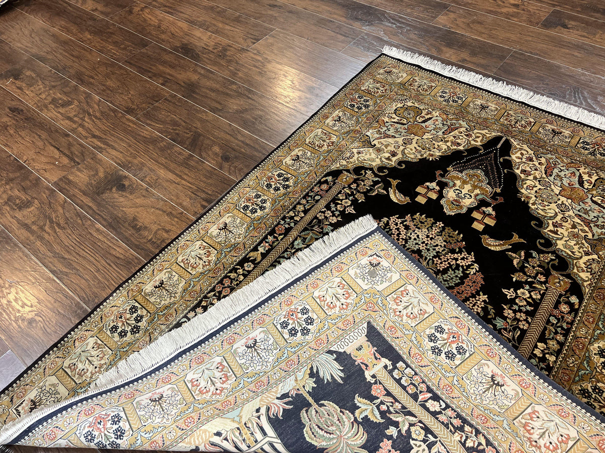 Wonderful Sino Persian Silk Rug 4x6, Tree of LIfe Design, Masterpiece 575 KPSI, Birds, Prayer Rug, Black, Silk on Silk - Jewel Rugs, view 10