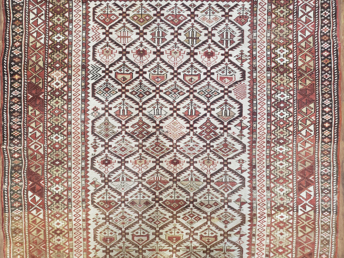 Antique Caucasian Shirvan Rug 4x6, Dagestan Area Rug, Wool Hand-Knotted Soft Red & Ivory 1920s Oriental Carpet, Soft Muted Colors - Jewel Rugs, view 5